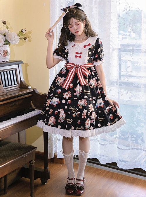 Doll Collar Lace Bear Strawberry Print Puff Sleeve Bow Red And White Striped Belt Sweet Lolita Short Sleeve Dress  |  Sweet Lolita Dresses