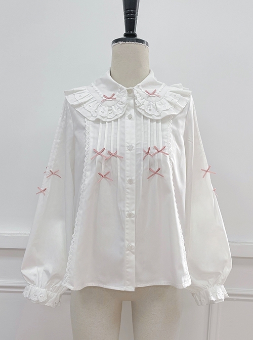 Dorothy Series Lace Doll Collar Pink Bow Decoration Classic Lolita Long Sleeve White Shirt  |  Blouses