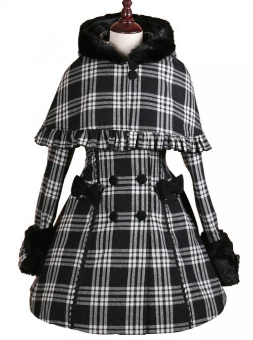 Double-breasted Black Lattices Cute Lolita Women Winter Woolen Hooded Coat  |  Coat & Jacket