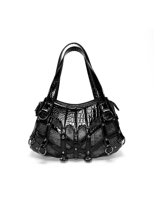 Dragon Hunter Witch Series Black Gothic Subculture Punk Lolita Metal Rivets Splicing Large Capacity Crossbody Bag  |  Lolita Bags