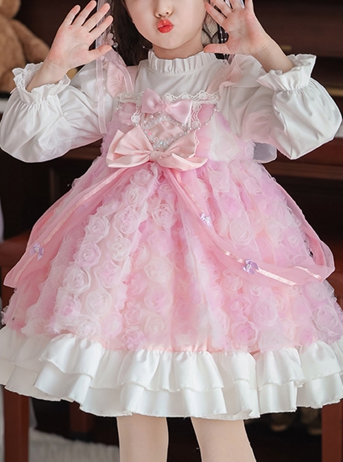 Dreamy Rose Pink Bowknot Mesh Yarn Bowknot Wings Sweet Lolita Princess Style Kid Long Sleeves Girl Dress  |  Kids Dresses