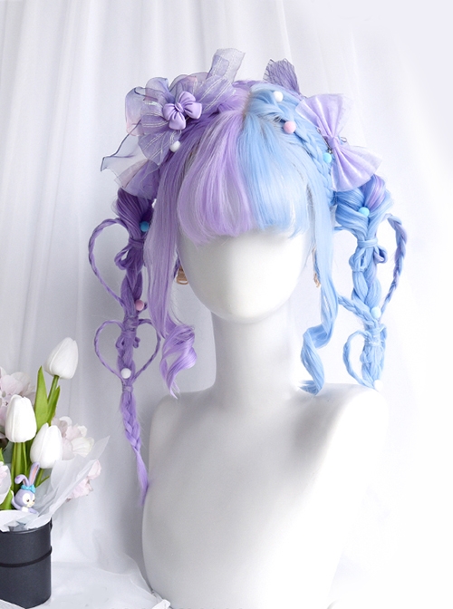 Dreamy Sweet Lolita Double Spell Blue-Purple Inner Air Buckle Bangs Long Straight Hair Wigs  |  Wigs