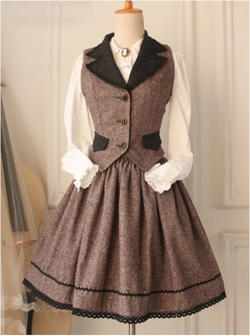 Earl Tea Retro College Style Woolen Brown Vest Lolita Skirt Set  |  Plus Size Lolita Dresses