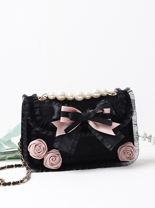 Easy-match Black Pink Sweet Cool Lolita Pearl Small Square Bag  |  Lolita Bags