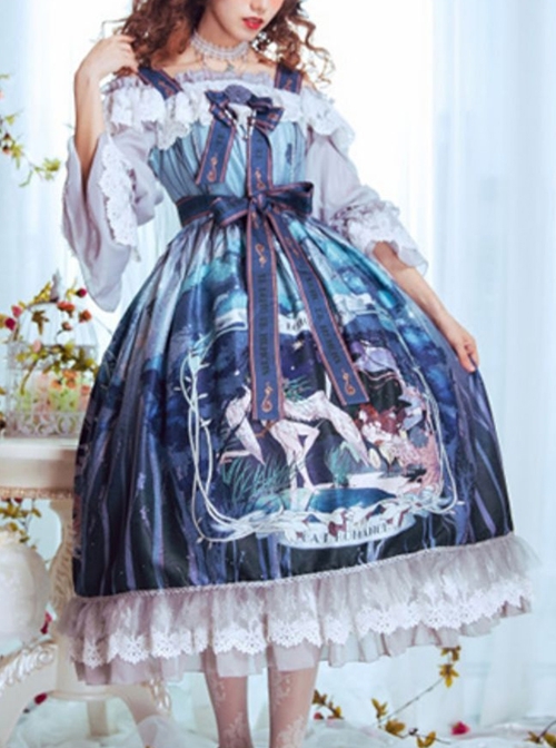 Eco’s Voice Series Retro Palace Tea Party Myth Messenger Printing Ribbon Belt Classic Lolita Sleeveless Dress  |  Classic Lolita Dresses