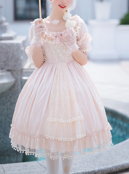 Elegant And Delicate Lace Floral Jacquard Pleated Ruffled Square Neckline Bow Knot Trim Classic Lolita Short Sleeve Dress  |  Classic Lolita Dresses