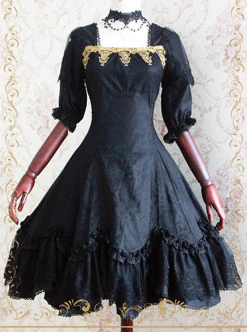 Elegant Black Jacquard Classic Lolita Half Sleeve Dress  |  Plus Size Lolita Dresses