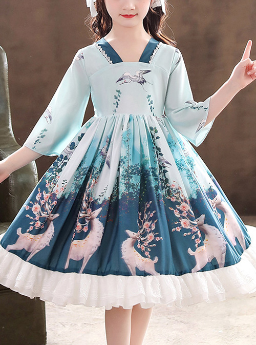 Elegant Chinese Style Classical Printing Children Classic Lolita Kids Half Sleeve Dress  |  Kids Dresses