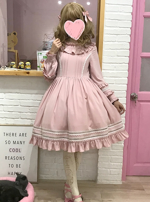 Elegant Cute Lace Pure Color Ruffles Classic Lolita Long Sleeve Dress  |  Classic Lolita Dresses