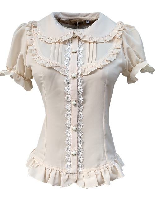 Elegant Doll Collar Ruffle Classic Lolita White Or Apricot Short Sleeve Shirt  |  Blouses