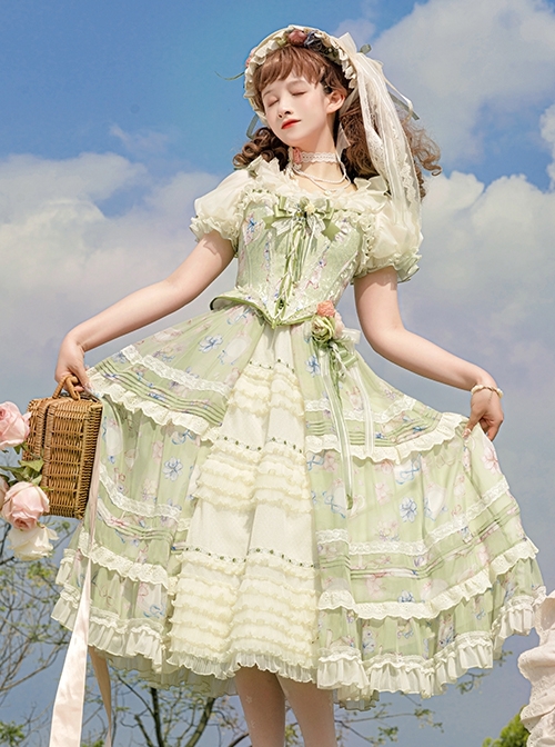 Elegant Floral Print Corset Bowknot Brooch Decoration Green Fresh Classic Lolita Top Skirt Corset Set  |  Skirts