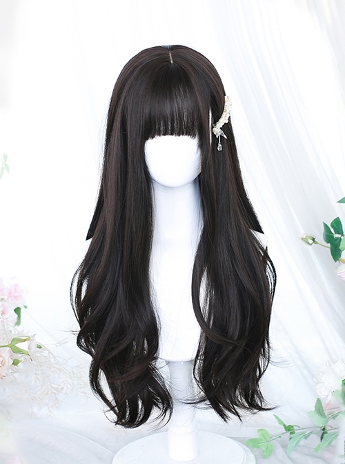 Elegant Gentle Lady Daily Long Curly Flat Bangs Natural Black Long Hair Classic Lolita Full Head Wig  |  Wigs