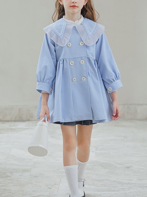 Elegant Lapel Temperament Shawl Lace Decoration Double Breasted Design Sweet Lolita Kid Blue Windbreaker Coat  |  Kids Coat