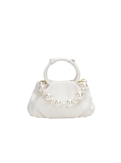 Elegant Low Saturation Daily Commute Ring Handle White Pearl Classic Lolita Crossbody Soft Cloud Handbag  |  Lolita Bags