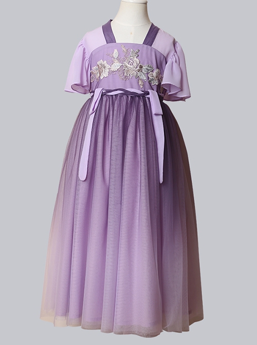 Elegant Purple Silk Yarn Chinese Style Exquisite Antique Flower Embroidery Improved HanFu Kid Princess Dress  |  Kids Dresses