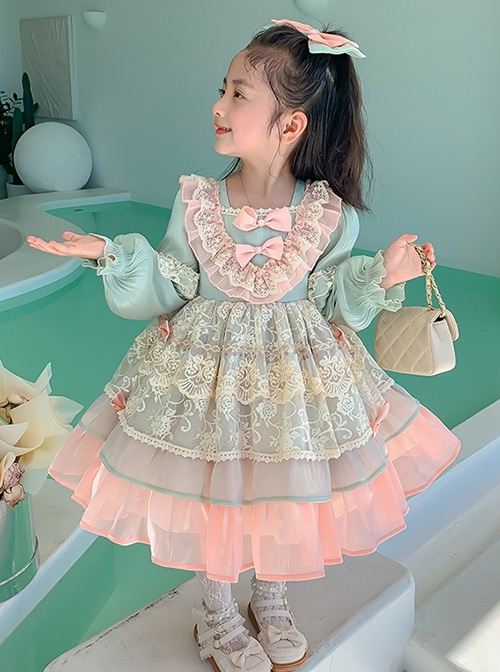 Elegant Square Neck Lace Fairy Sweet Lolita Stitching Lantern Sleeve Kids Long-Sleeve Dress  |  Kids Dresses