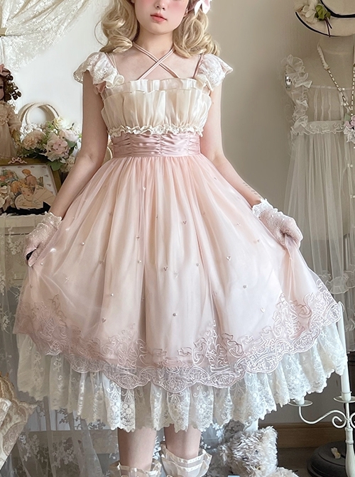 Elegant Sweet Daily Lace Pleats Embroidered Hem Pearls Love Decoration Sweet Lolita Sleeveless Dress  |  Sweet Lolita Dresses