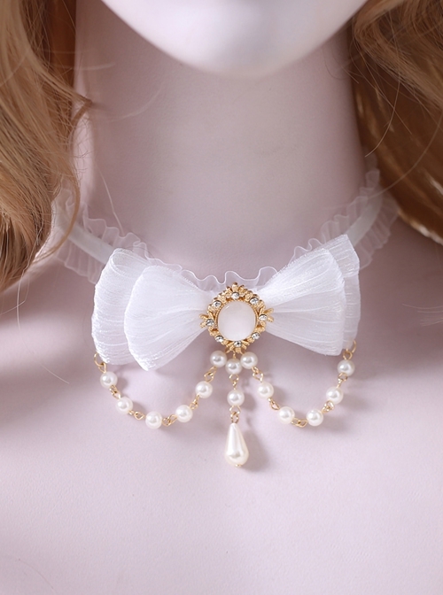 Elegant Tea Party Ribbon Bowknot Water Drop Bead Chain Gem Decorate Classic Lolita Necklace  |  Lolita Necklaces