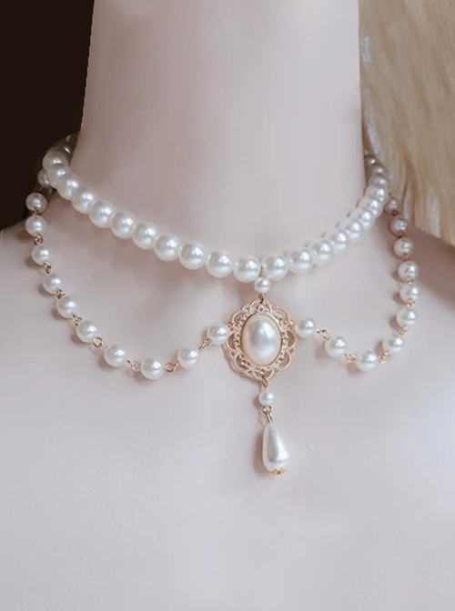 Elegant Wealthy French Palace Style Classic Lolita White Pearl Versatile Pendant Chain Necklace  |  Lolita Necklaces