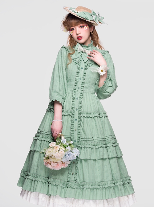 Ellywick Series OP Rural Solid Color Pleated Design Protruding Particles Embroidery Flower Buttons Classic Lolita Dress Set  |  Classic Lolita Dresses