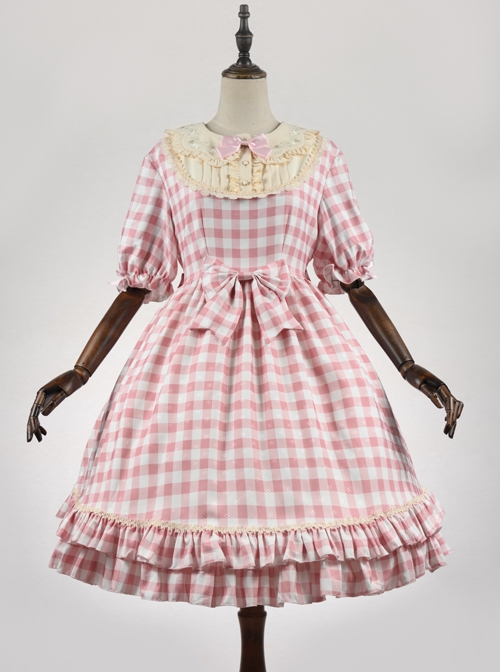 Embroidery Doll Collar Plaid Pattern Ruffle Hem Sweet Lolita Short Sleeve Dress  |  Plus Size Lolita Dresses