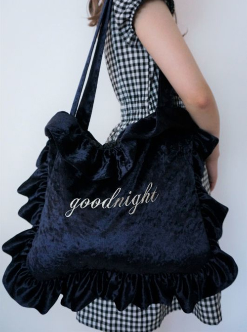 English Letter Embroidery Velvet Lolita Ruffle Shoulder Bag  |  Lolita Bags