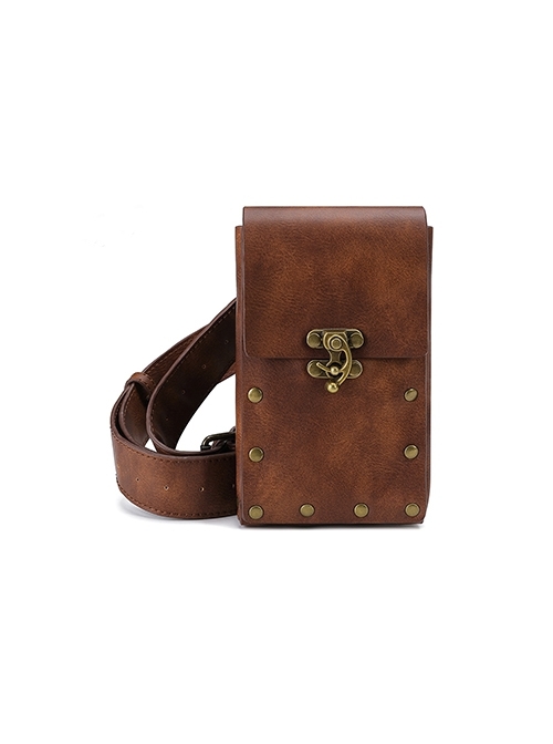 European American Retro Steampunk Pirate Style Metal Buckle Brown Outdoor Mobile Phone Coin Mini Waist Bag  |  Gothic & Punk Bags