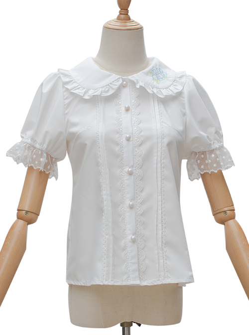 Evening Star Series White Cotton Embroidery Doll Collar Sweet Lolita Short Sleeve Shirt  |  Blouses