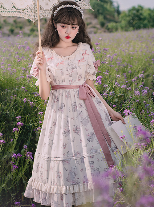 Everlasting Love Series OP Daily Elegant Flowers Printing Classic Lolita Short Sleeve Dress  |  Classic Lolita Dresses