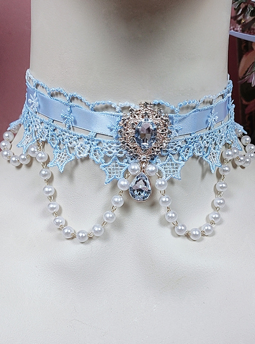 Fairy Blue Water Drop Crystal Classic Lolita Star Lace Necklace  |  Lolita Necklaces