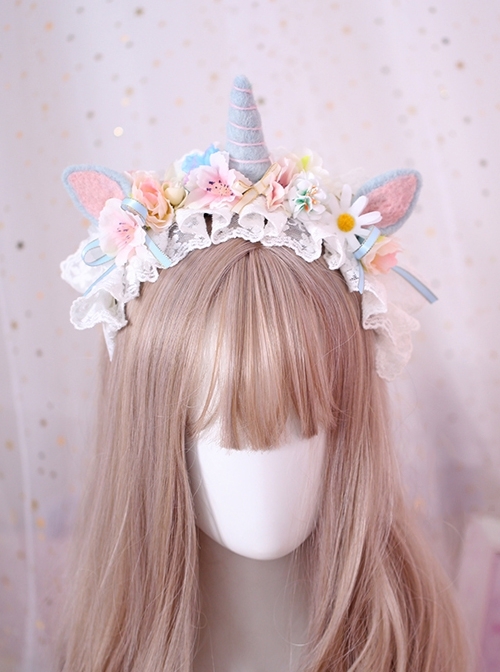 Fantasy Unicorn Girly Lace Flower Decoration Wool Felt Sweet Lolita Headband  |  Lolita Headbands