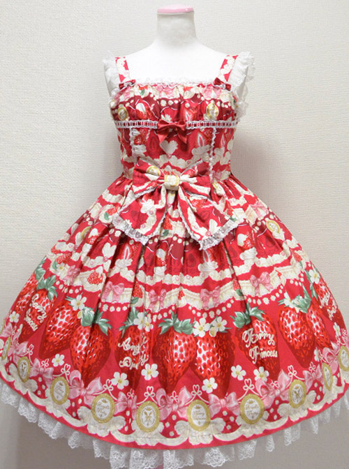 Fashion Cute Strawberry Printing Lace Bowknot Sweet Lolita Sling Dress  |  Sweet Lolita Dresses