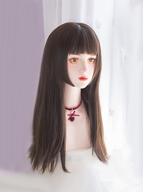 Fashion Daily Brown Imitation Loli Princess Cut Air Bangs Classic Lolita Long Straight Wigs  |  Wigs