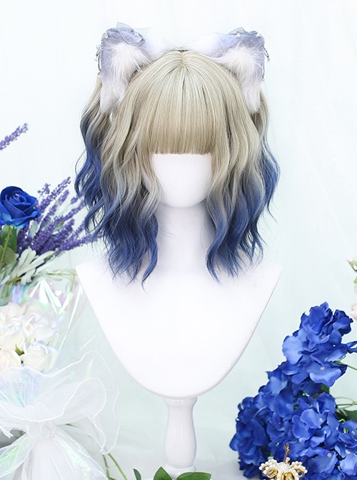 Fashion Golden Gradient Blue Wool Curly Qi Bangs Short Curly Hair Classic Lolita Wig  |  Wigs