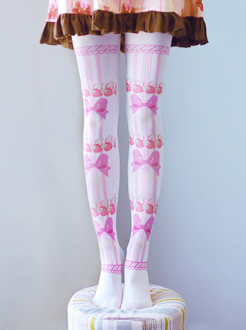 Fashion Lovely Bowknot And Strawberry Printing Sweet Lolita White Pantyhose  |  Lolita Socks