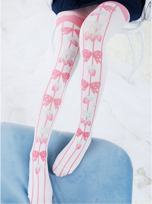 Fashion Pink Cute Bowknot Strawberry Stripes Printing Sweet Lolita Pantyhose  |  Lolita Socks