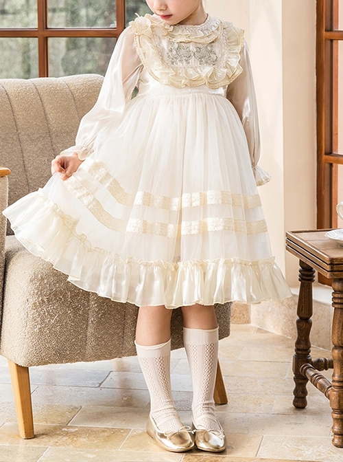 Fashion Ruffle Kids Classic Lolita Crew Neck Apricot Pearlescent Embroidered Bubble Flare Long Sleeve Dress  |  Kids Dresses