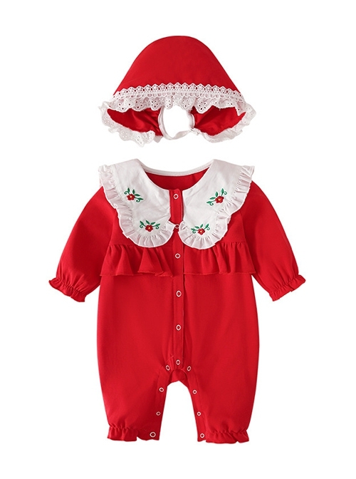 Festive Red Kawaii Fashion Baby Full Moon Ruffled Doll Collar Flower Embroidery Long Sleeves Hat Baby Romper  |  Baby Rompers