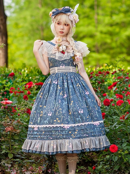 Flower And Grass Collection Series JSK Blue Floral Print Elegant Classic Lolita Sleeveless Dress Suit  |  Classic Lolita Dresses