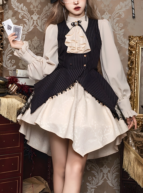 Flower Brand Deacon Series Magician Stripe False Two-Piece Irregular Hem Autumn Winter Classic Lolita Long Sleeve Dress  |  Classic Lolita Dresses