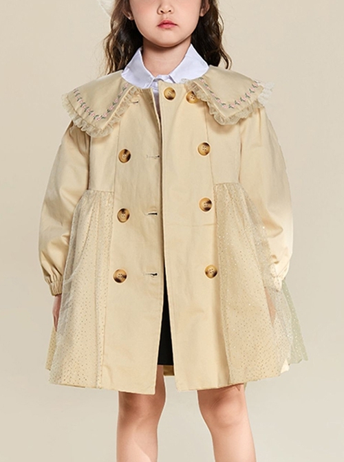 Flower Embroidery Large Lapel Splicing Shiny Mesh Khaki Sweet Lolita Kids Long-Sleeved Coat  |  Kids Coat