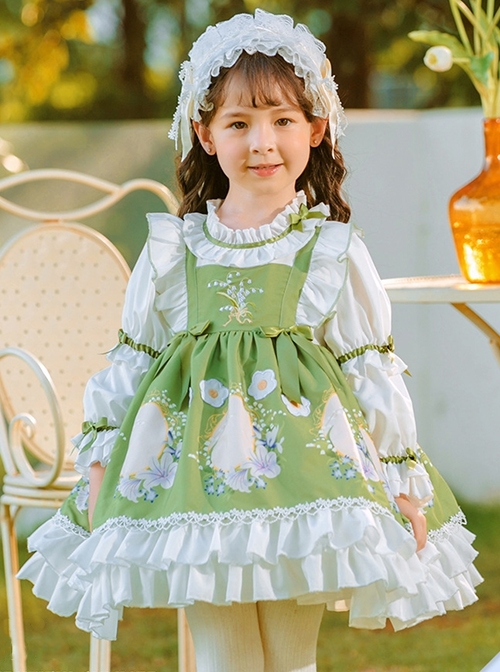 Flower Embroidery Print Fresh Green Lace Decoration Classic Lolita Kids Long Sleeve Dress  |  Kids Dresses