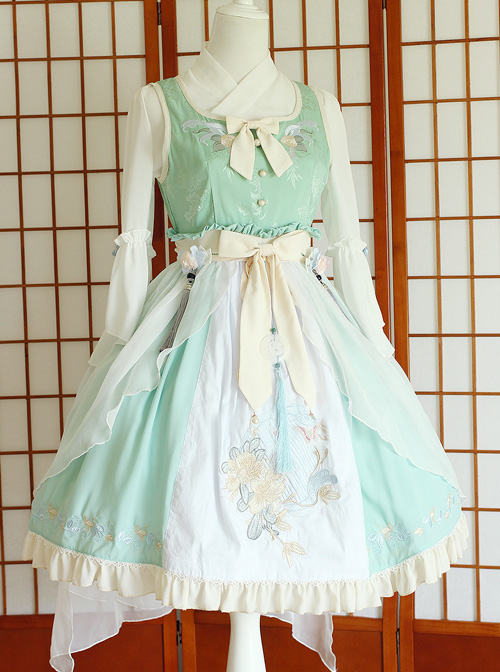 Flowers And Zither Embroidery JSK Chinese Style Qi Lolita Sleeveless Dress  |  Classic Lolita Dresses