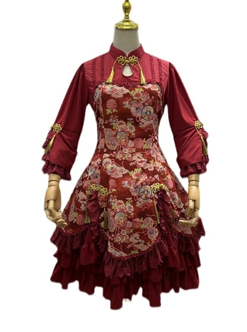 Flying Flower Command Series OP Chinese Style Elegant Printing Tassel Disc Buckle Hem Folds Classic Lolita Long Sleeve Dress  |  Classic Lolita Dresses