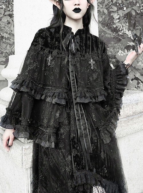 Fog Series Classical Gothic Stand-Up Collar Velvet Jacquard Embroidery Lace Cross Metal Decoration Lacing Cloak  |  Gothic & Punk Coats & Jackts