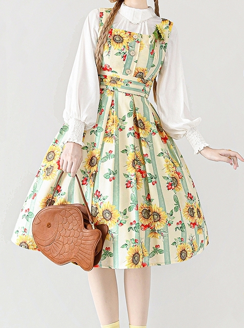 Forest Basket Series Retro Pastoral Grace Yellow Green Sunflower Stripe Print Classic Lolita Sleeveless Dress JSK  |  Classic Lolita Dresses