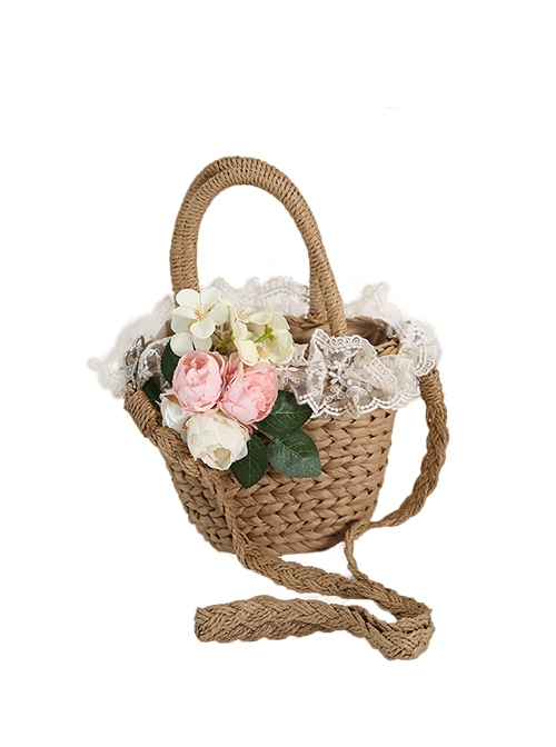 Forest Pastoral Style Exquisite Handmade Lace Beach Classic Lolita Simulated Flower Rattan Handbag Basket  |  Lolita Bags