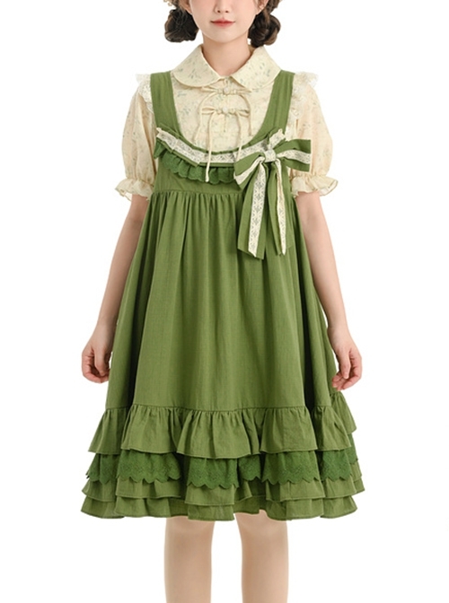 Forest Style Leaf Lace Ruffles Bowknot Sweet Retro Doll Classic Lolita Green Suspender Dress Short Sleeves Shirt Set  |  Classic Lolita Dresses