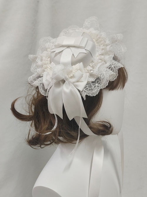 French Elegant Gorgeous Pure White Lace Holy Angel Wings Illusion Rose Knight Ribbon Bowknot Classic Lolita Round Hat  |  Lolita Headbands