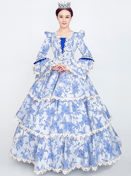 Fresh All Over Printing Elegant Blue Three-stage Hem Long Sleeve Retro Court Style Lolita Prom Dress  |  Lolita Prom Dresses